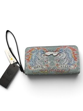 Ed Hardy Women’s  Denim Blue Zip-Around Wristlet Wallet Tiger Graphic Print